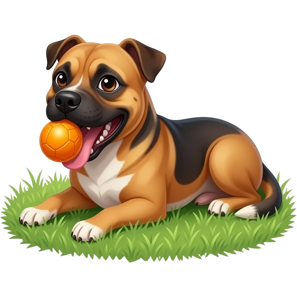 A tan and black Staffordshire Terrier mix is lying on the grass in a sunny park, tongue out and holding an orange ball in its mouth, looking absolutely thrilled with life. emoji