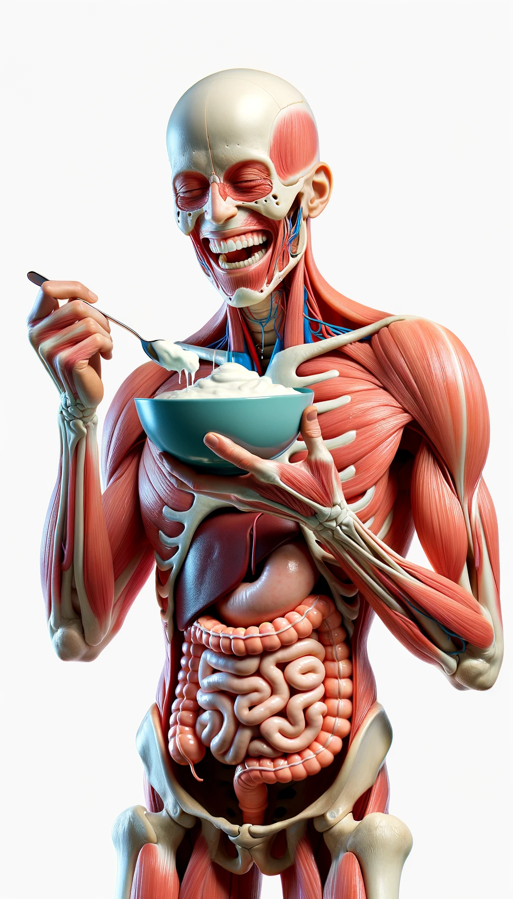 corpo umano anatomico con intestino in evidenza mentre mangia uno yogurt con espressione felice in volto, iperrealistico 4k, isolato su sfondo bianco emoji