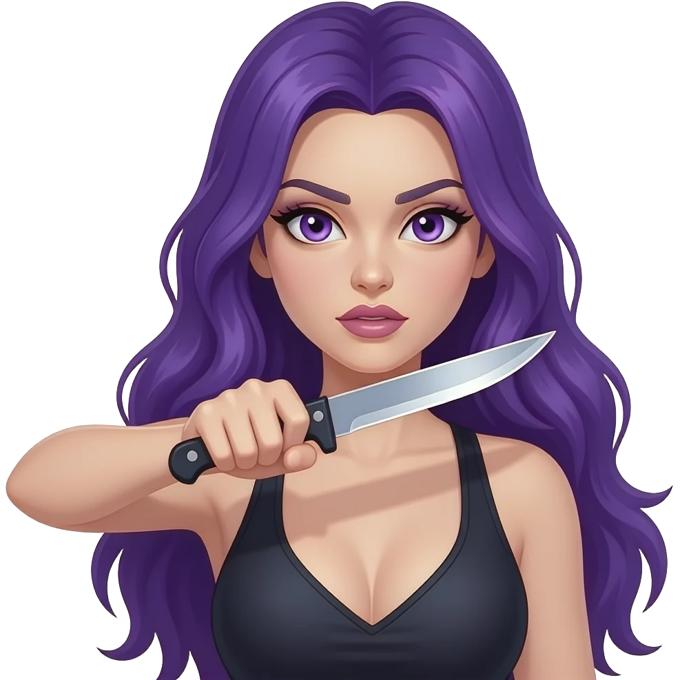 sexy girl with long purple hair and purple eyes is attacking with a knife emoji