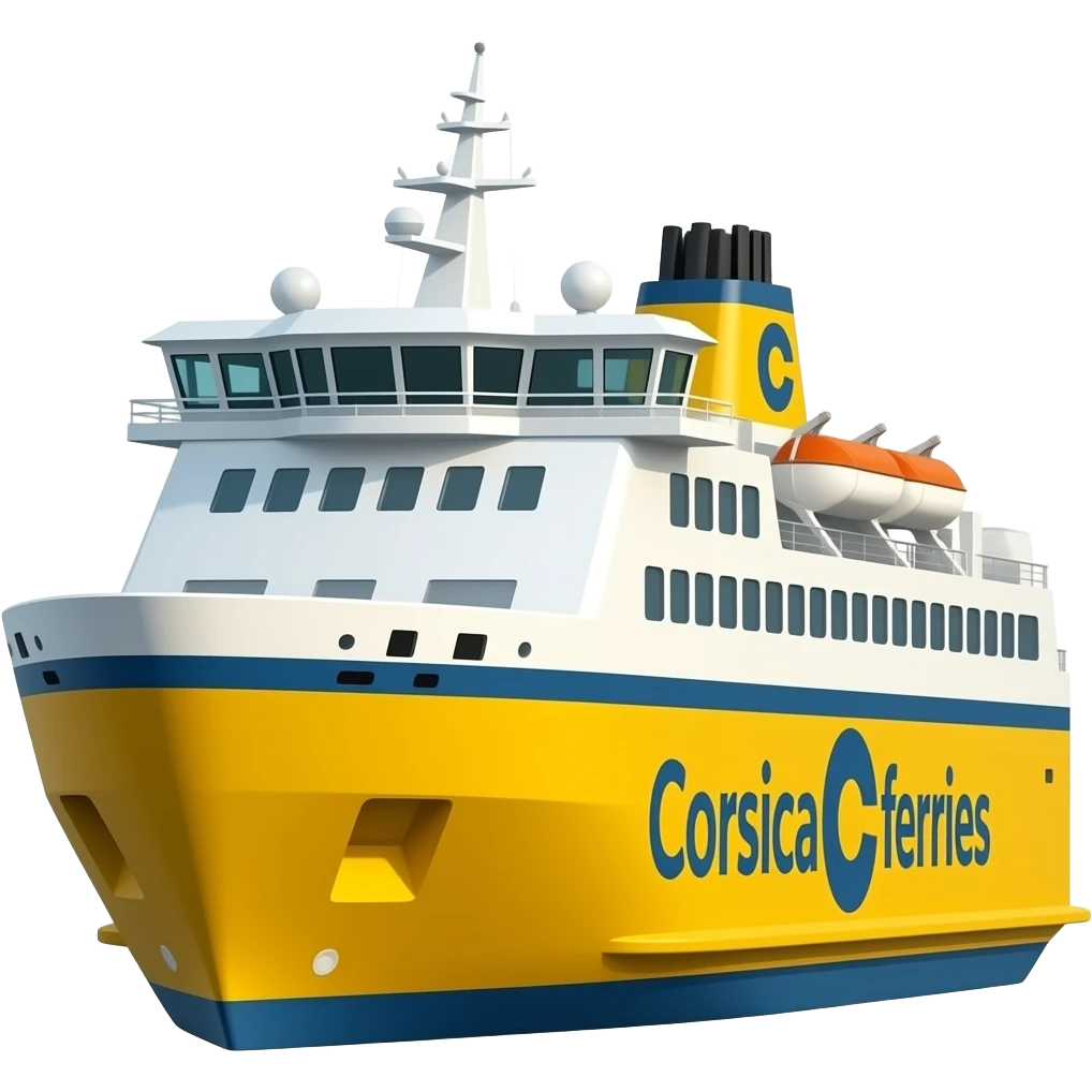 Ferry jaune et blanc avec des vitres a l'arrière et écrire Corsica ferries emoji