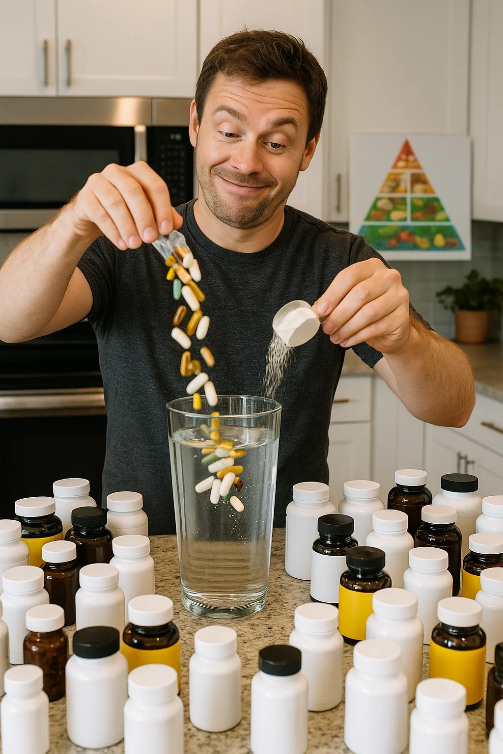 a man stands in his kitchen, enthusiastically pouring multiple supplement pills and powders into a large glass of water. The kitchen counter is cluttered with dozens of supplement bottles, and his expression is confident but slightly oblivious. In the background, a nutrition guide or food pyramid is ignored, highlighting his focus on supplements over balanced nutrition. emoji