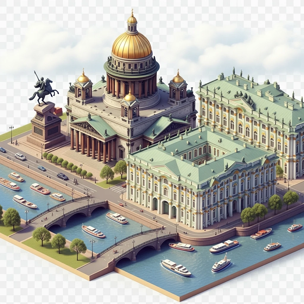 Isometric illustration of Saint Petersburg with the Saint Isaac’s Cathedral, the photorealistic Winter Palace, and the Bronze Horseman statue, toy boats and bridges, in pastel miniature diorama style, transparent background emoji