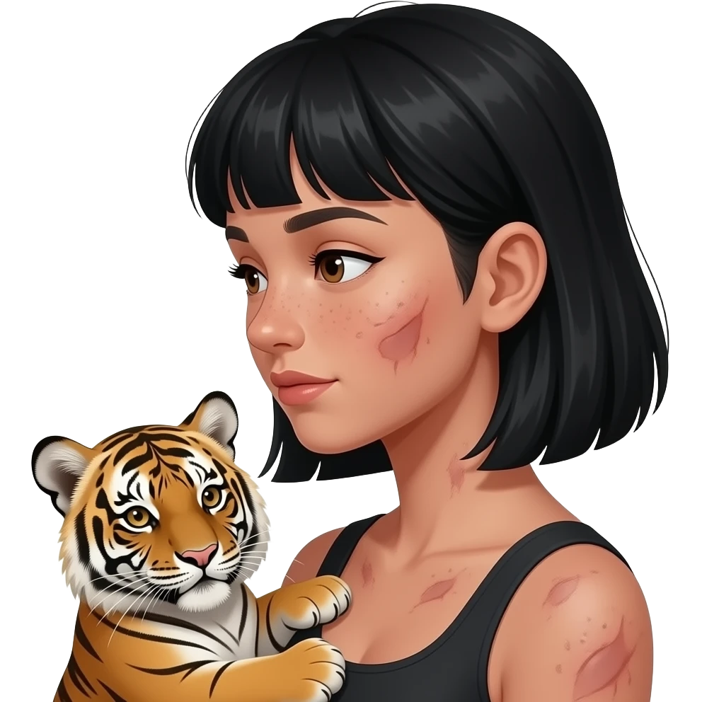 Garota de cabelos preto de franjinha com sarna no rosto com de lado é com um bebê tigre no colo emoji