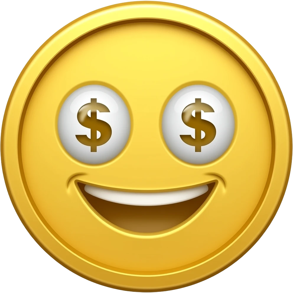 A high-fidelity 3D stylized gold coin with a "money face" (specifically, using dollar signs `$` as the eyes with a smile), emoji