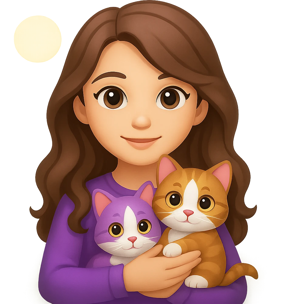 Add a simple, cheerful background to the scene with a girl with long, wavy brown hair, brown eyes, purple clothes, holding a three-color cat, in emoji style. emoji