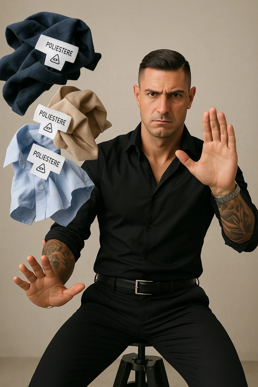 Create a very realistic vertical image of a man (like in the reference photo) decisively throwing away several clothes with clearly visible labels "poliestere" or plastic symbols. The man has a serious expression and a clear gesture of rejection. The atmosphere is professional with natural details and a neutral background. Aspect ratio 2:3. emoji