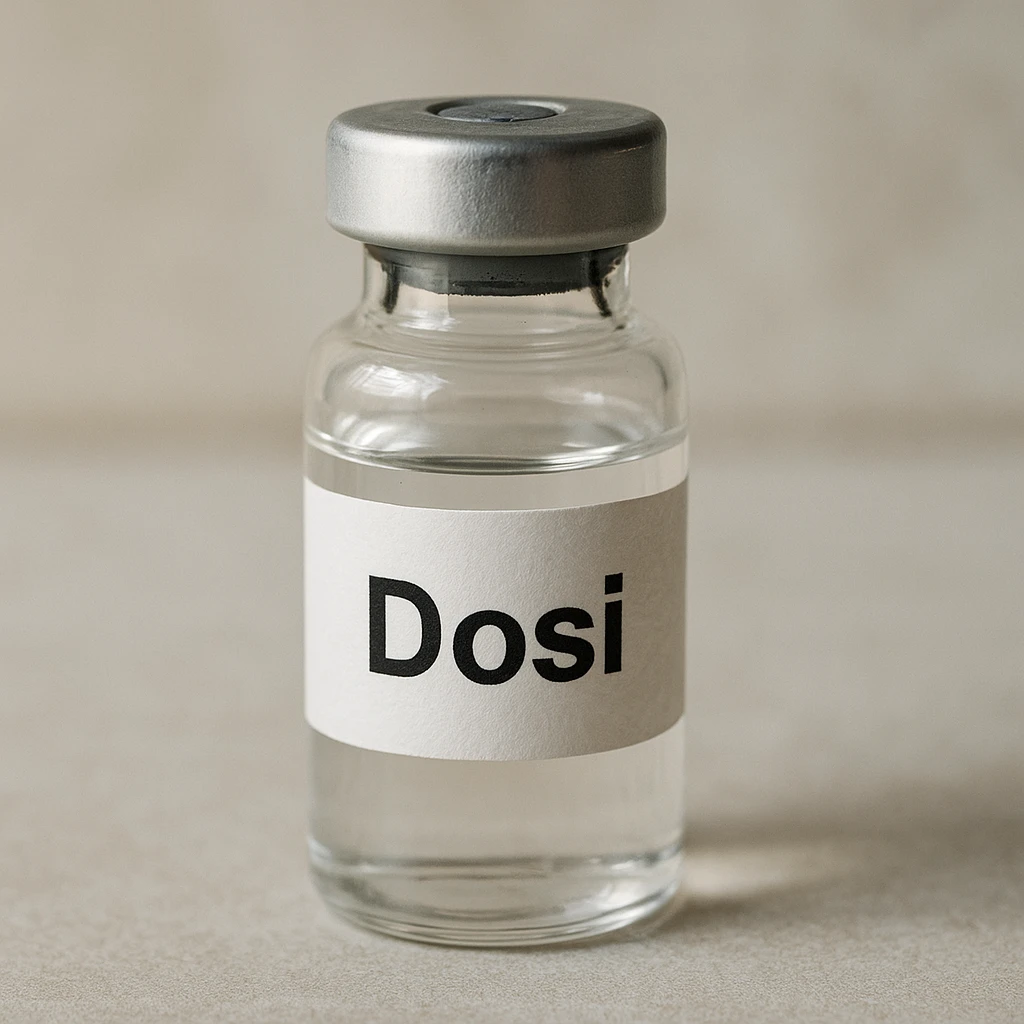 hyperrealistic vial with a clearly visible label that says 'Dosi', neutral background, natural light, realistic and detailed style emoji