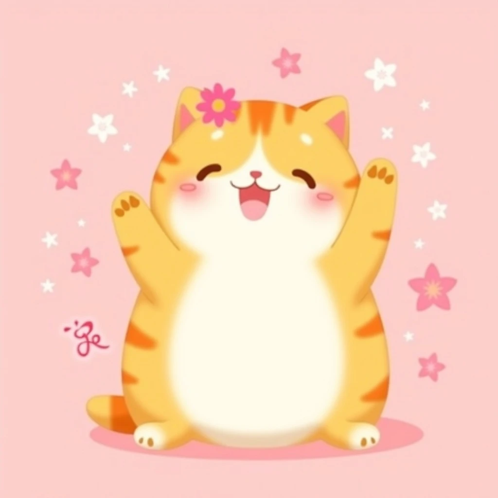 A chubby orange tabby cat with a white face and belly, surrounded by pink cherry blossoms, with a cherry blossom on its head, smiling and looking content, on a pink background with sparkles and Japanese characters emoji