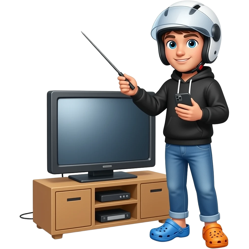 young man with blue jeans and a black hoodie is wearing a white motorcycle helmet, he also wears a blue croc shoe on the right side and a orange croc shoe on the left side, he stands in front a television with a long pointer in his left hand and cell phone in his right hand emoji