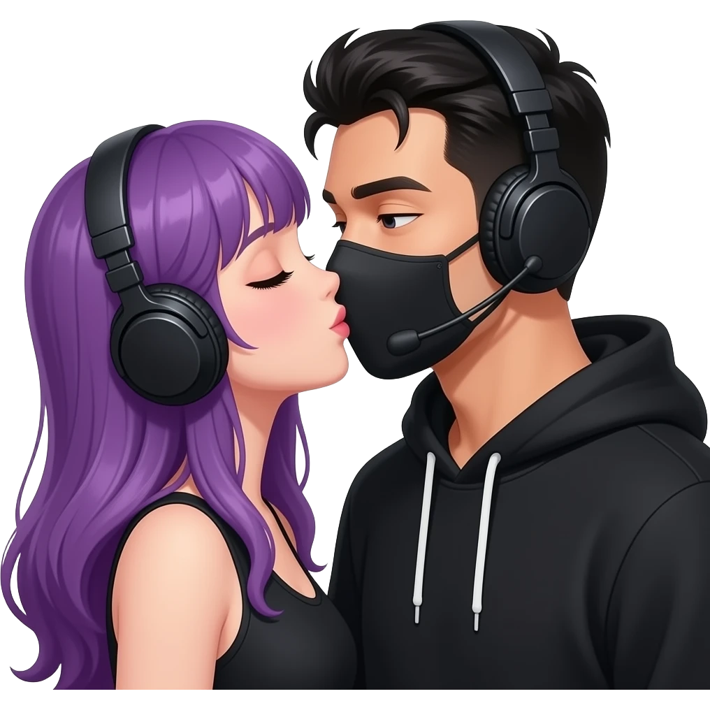 attractive girl with long purple hair and purple is get kissed from an blackhaired attractive man in a black hoodie with a black mask and a headset emoji