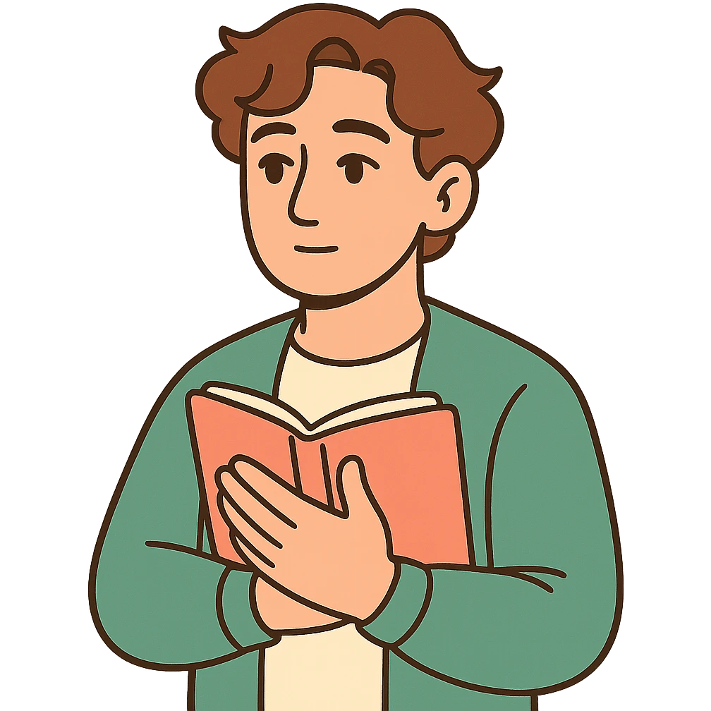 Calm and thoughtful male confidant, fair skin, soft wavy brown hair, gentle eyes, wearing a green cardigan over a light shirt, holding an open journal close to chest, waist-up, front-facing, pure background emoji