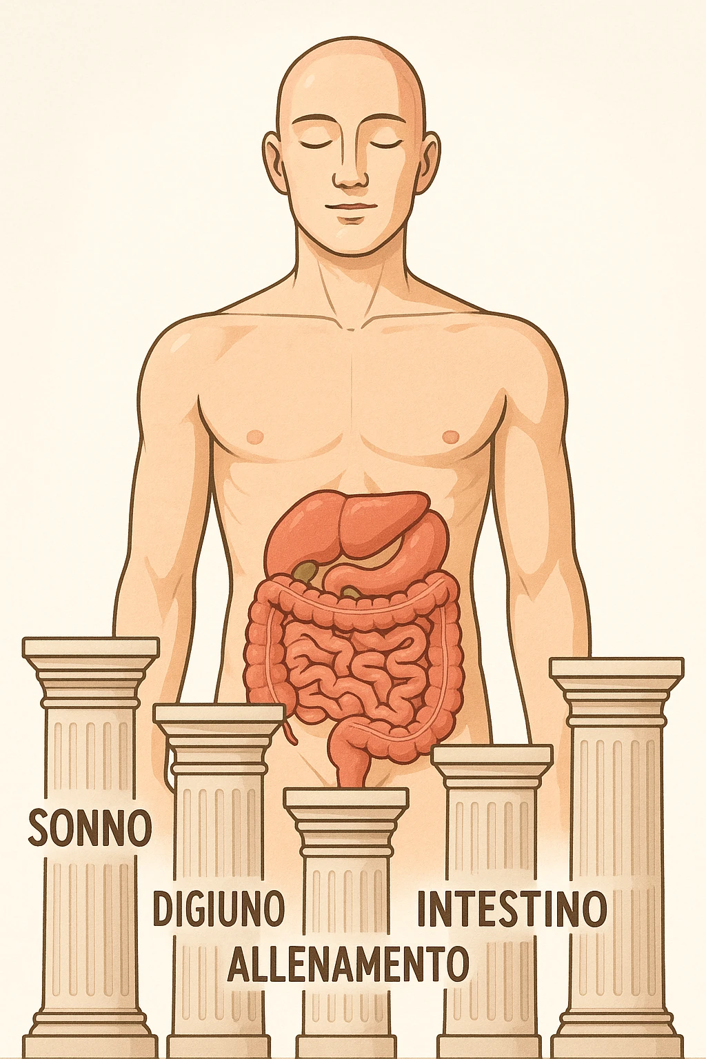 5 pilastri con le scritte "SONNO", "DIGIUNO", "ALLENAMENTO", "INTESTINO", DAVANTI UN CORPO UMANO ANATOMICO CON OCCHI CHIUSI IN SALUTE, SFONDO CHIARO IN ITALIANO emoji