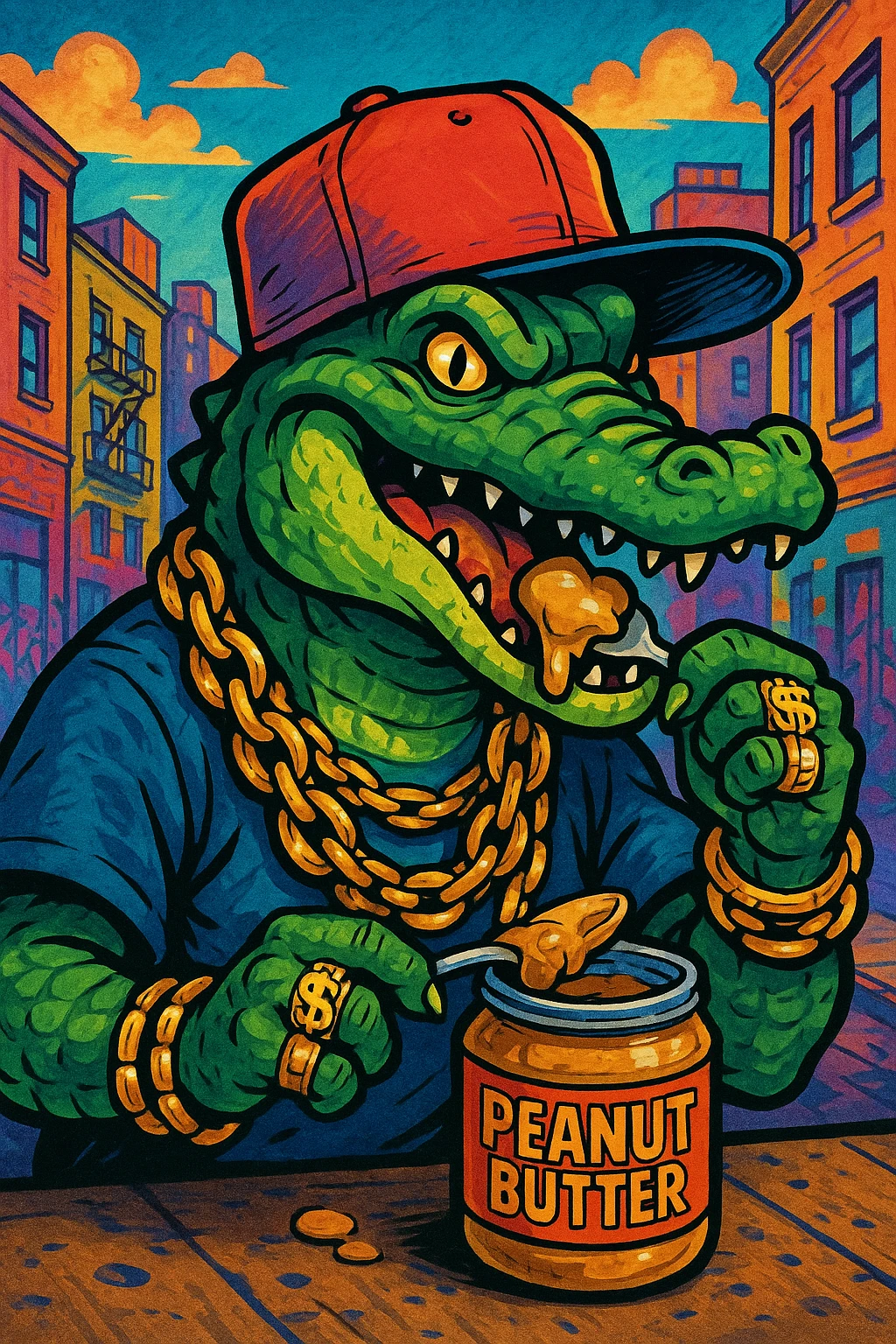 gangster alligator eating peanut butter, hip hop style, sideways cap, flashy jewelry emoji