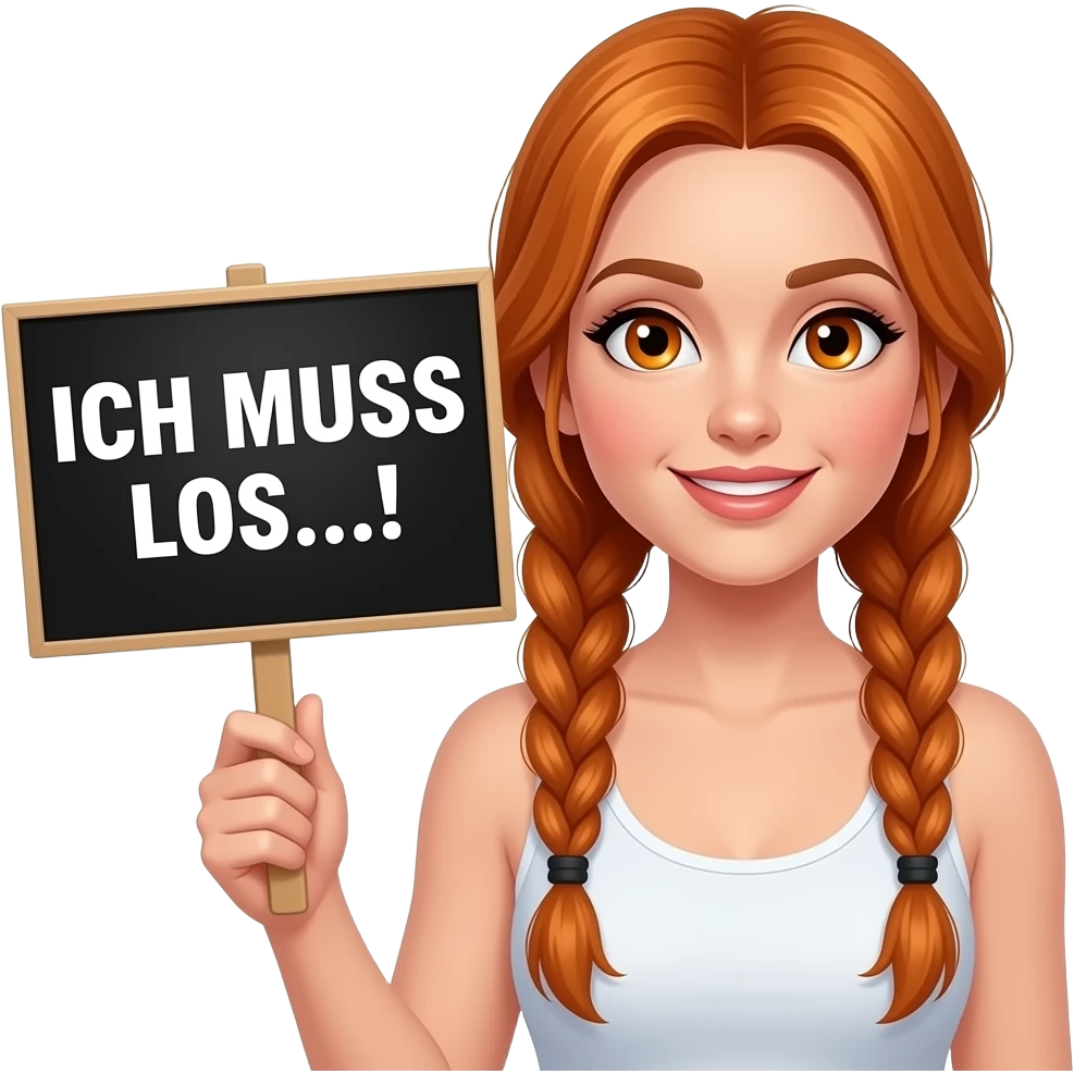 sexy girl with long ginger braids and ginger eyes wearing a white tanktop is holding a black sign with ICH MUSS LOS...! written on it emoji