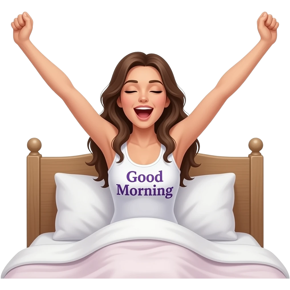 a naked woman waking up in bed with arms fully stretched and yawning with the words "Good Morning" in purple printed across emoji