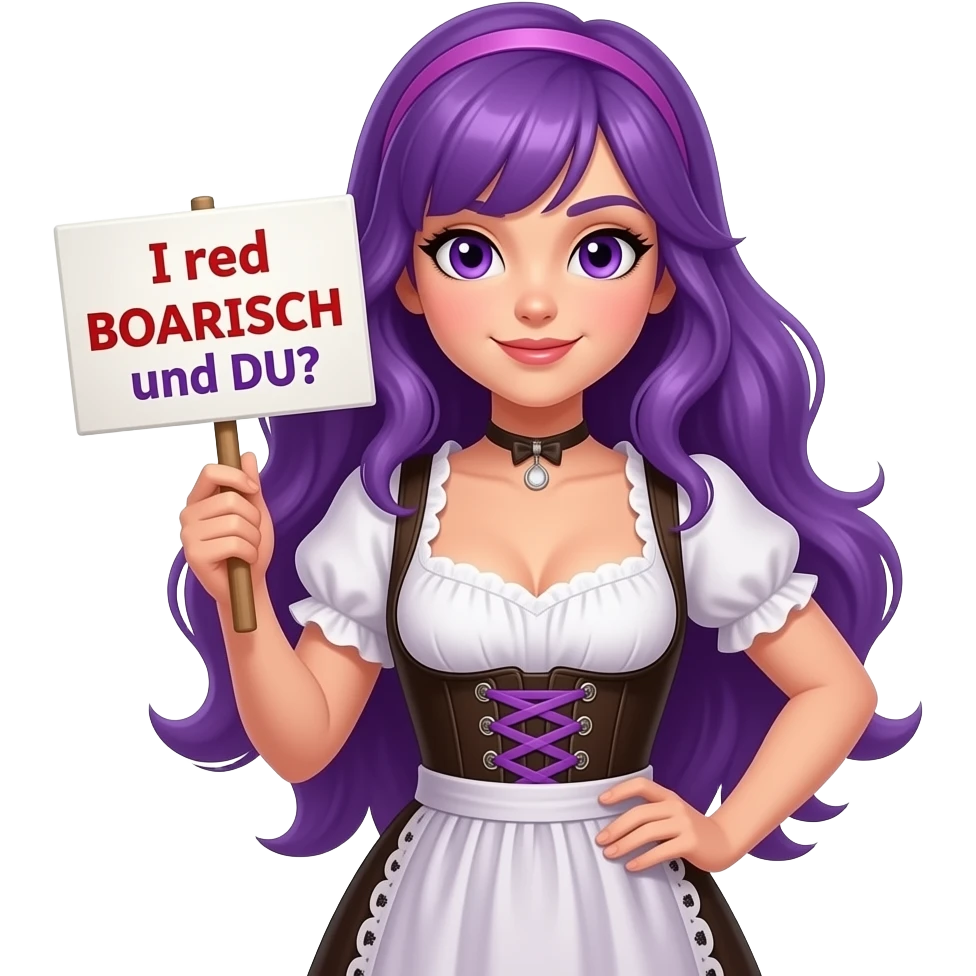 sexy girl with long purple hair and purple eyes wearing a dirndl holding a I red BOARISCH und DU? sign emoji