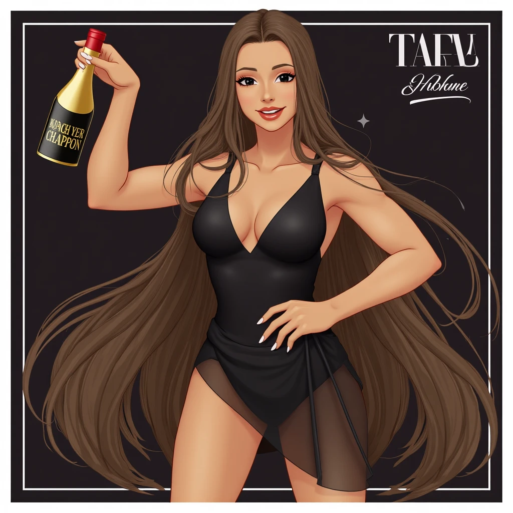 Art of nude woman's very sexy body scheme anatomy-bare shoulders and black eyes-very long straight brunette hair spreading legs and showing her pussy in seductive pose. New year elements: champagne gift emoji