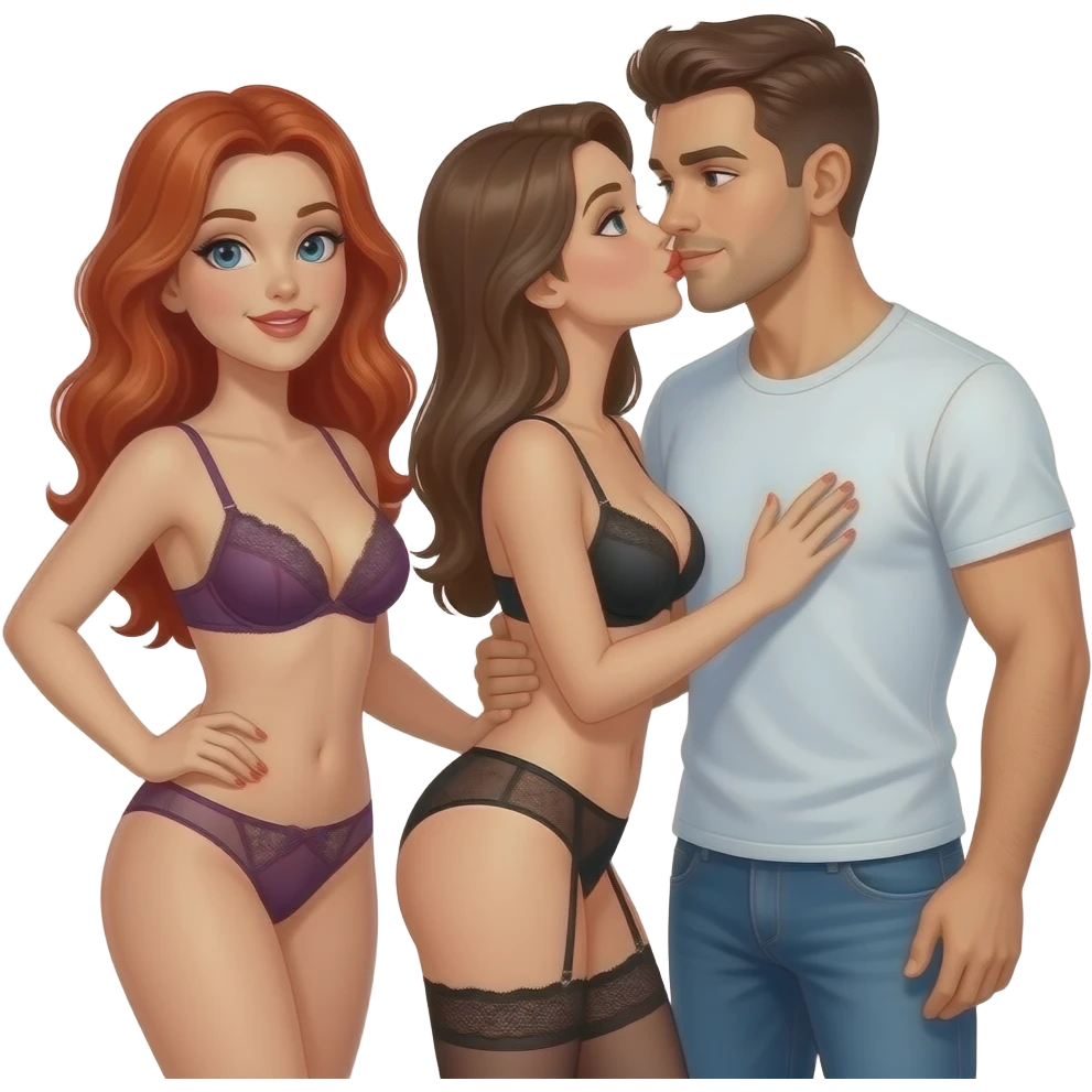 3 sexy people - 1 redhead female in lingerie, 1 brunette female in lingerie kissing and 1 brunette male emoji