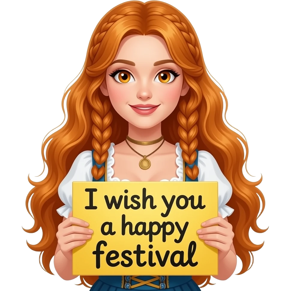 sexy girl with overlong ginger hair in braids and ginger eyes wearing a dirndl holding a I WÜNSCH DIR A FROHES FEST sign emoji