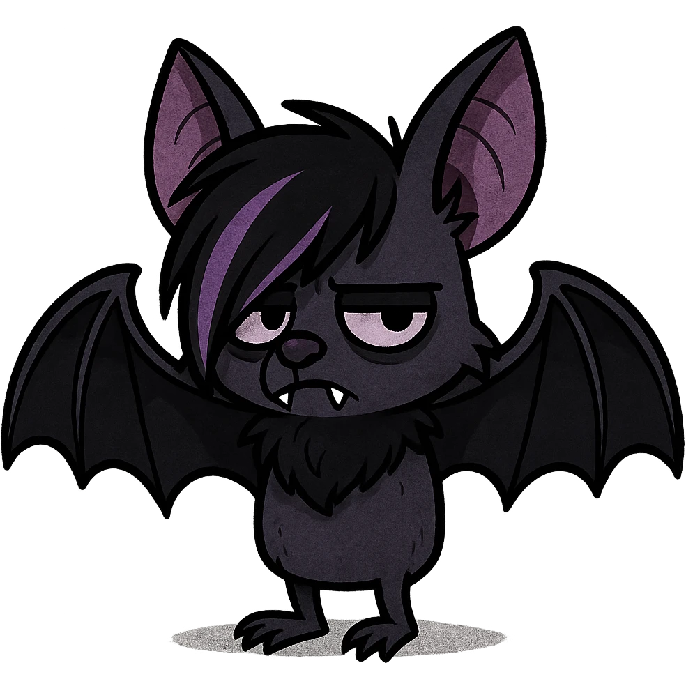 emo-style bat, black and purple, moody emoji