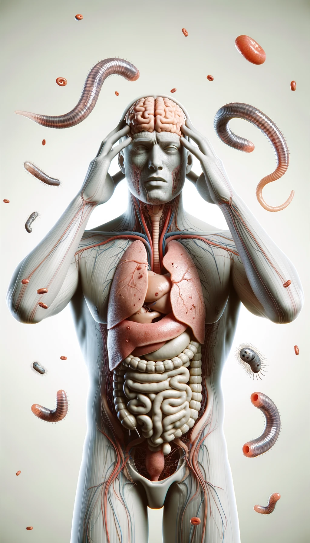 CORPO UMANO ANATOMICO CON MANI SULLE TEMPIE STRESSATO, INTORNO A LUI FLUTTUANO PARASSITI COME LA TENIA, INTESTINO E CERVELLO ANATOMICI IN EVIDENZA, SFONDO CHIARO NEUTRO, IPERREALISTICO 4K emoji