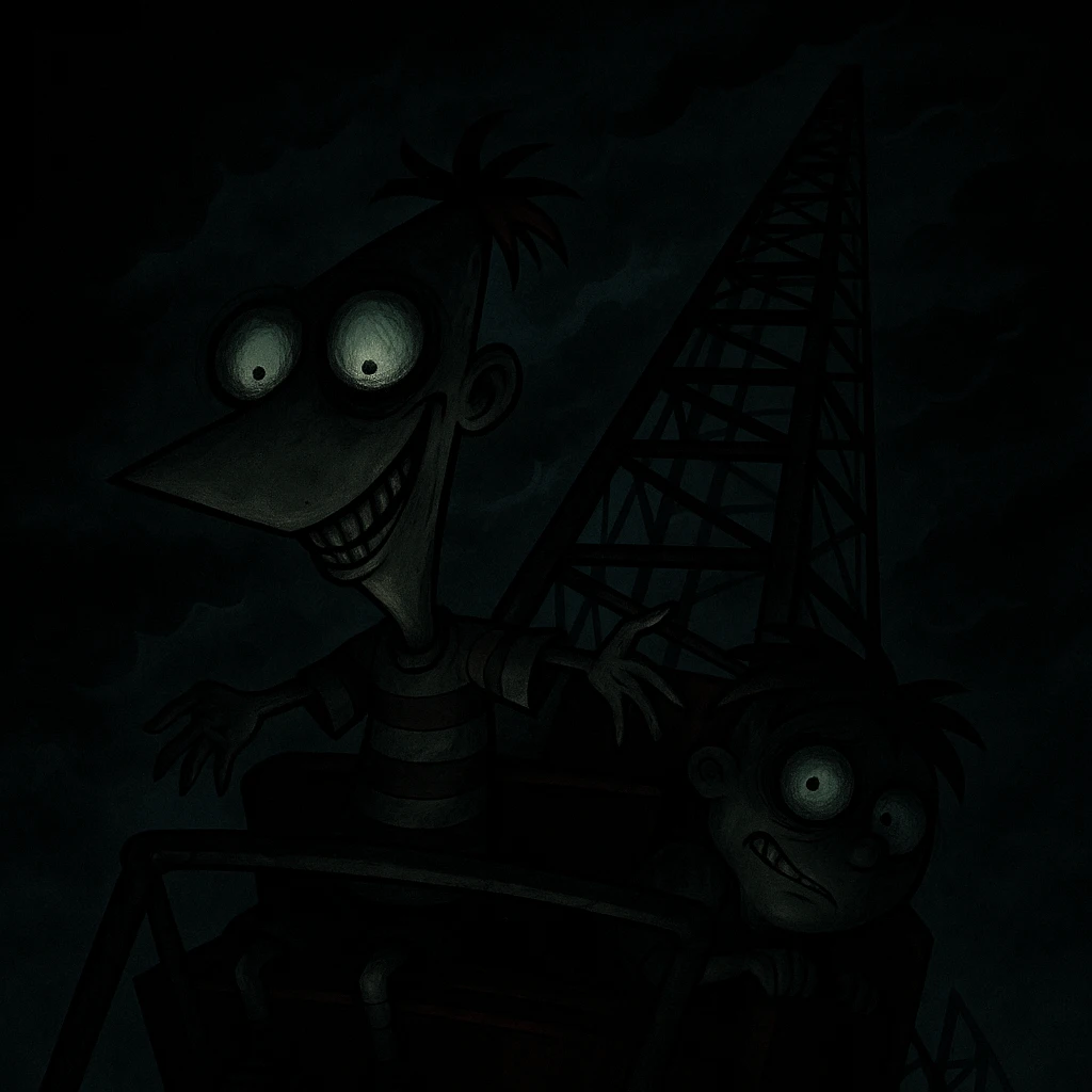 Make this cartoon style scene scary with a creepy atmosphere, dark shadows, and unsettling facial expressions. Keep the cartoon style but add a sense of horror and unease. emoji