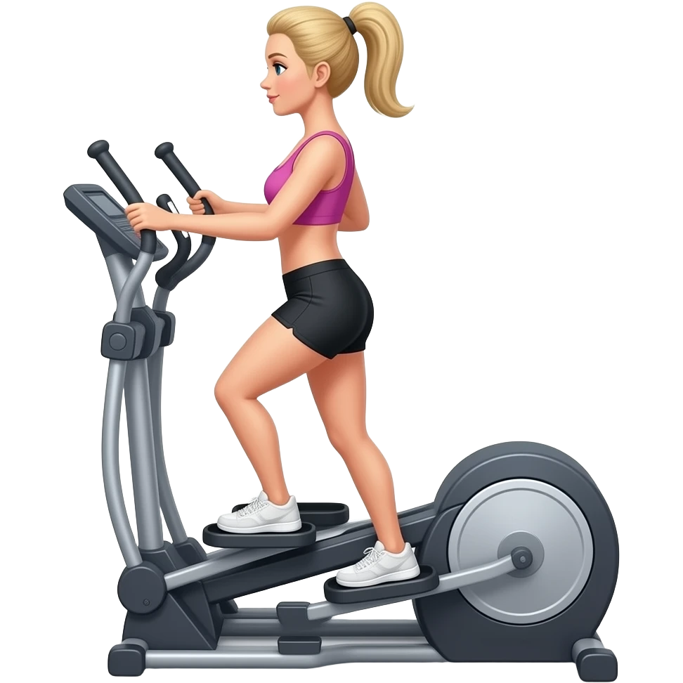 Ein schwarzes cross-trainingsgerät eigentlich eher ein ellipsentrainer mit einer Frau drauf und einem pferdeschwanz mit blonden Haaren emoji