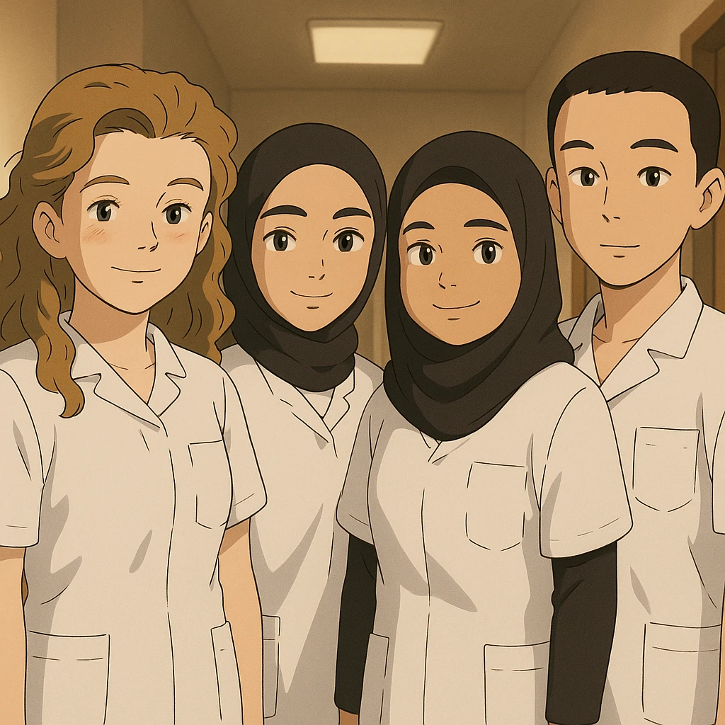 Four nursing students standing side by side indoors, each wearing a white short-sleeved uniform with a V-neck medical tunic, left chest pocket, no collar stand, no stethoscope, nothing protruding from the short sleeves, soft ambiance, no feet visible, in Ghibli style. emoji