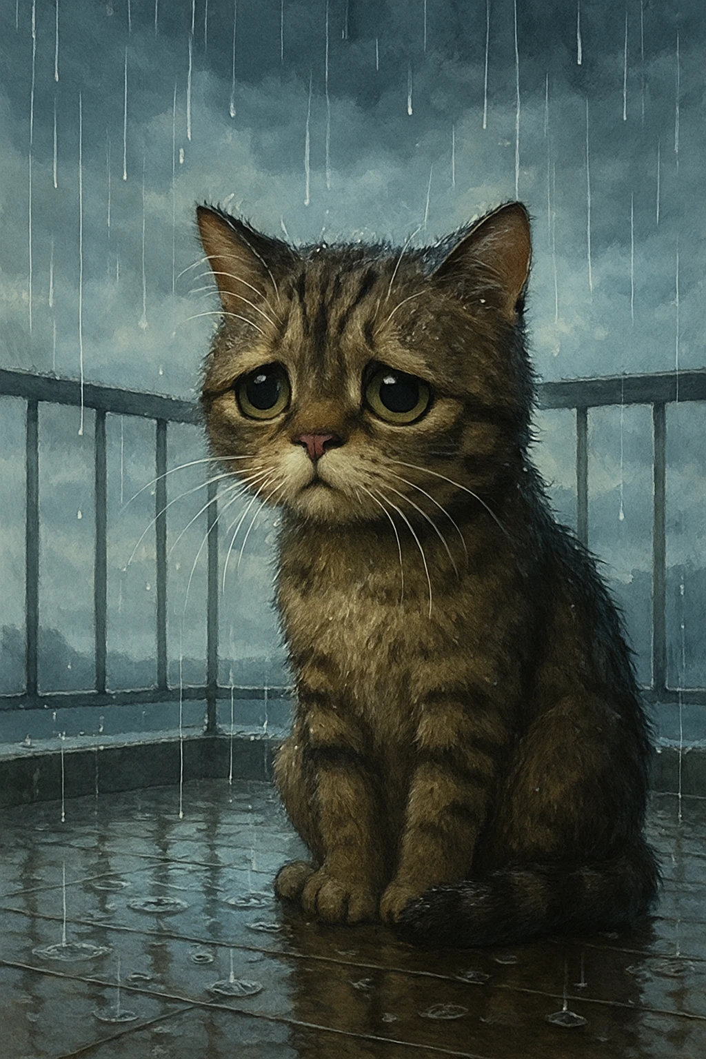 sad cat waiting for owner outside on balcony during rain emoji
