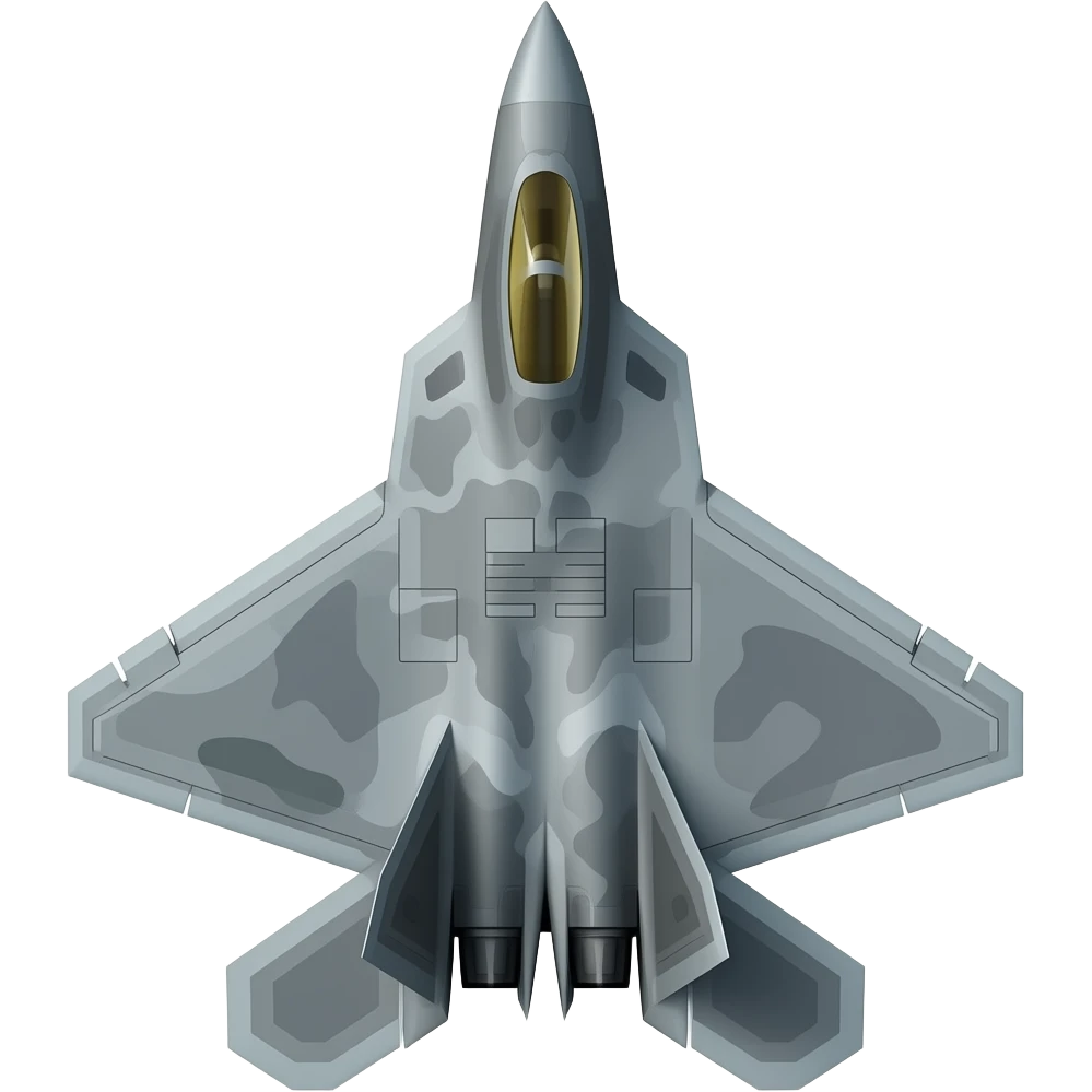 Top-down view of an F-22 Raptor jet, isometric, 3D render style, grey camo pattern, glossy finish, emoji icon emoji