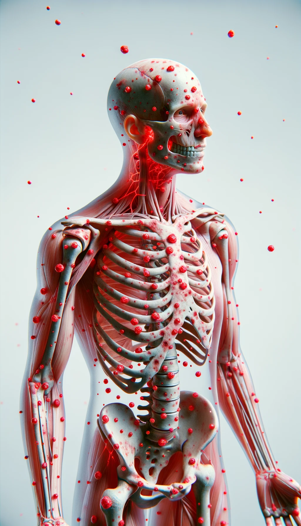 CORPO UMANO ANATOMICO CON RED SPOT DI INFIAMMAZIONE SPARSI SUL CORPO, SFONDO CHIARO, iperrealistico 4k emoji