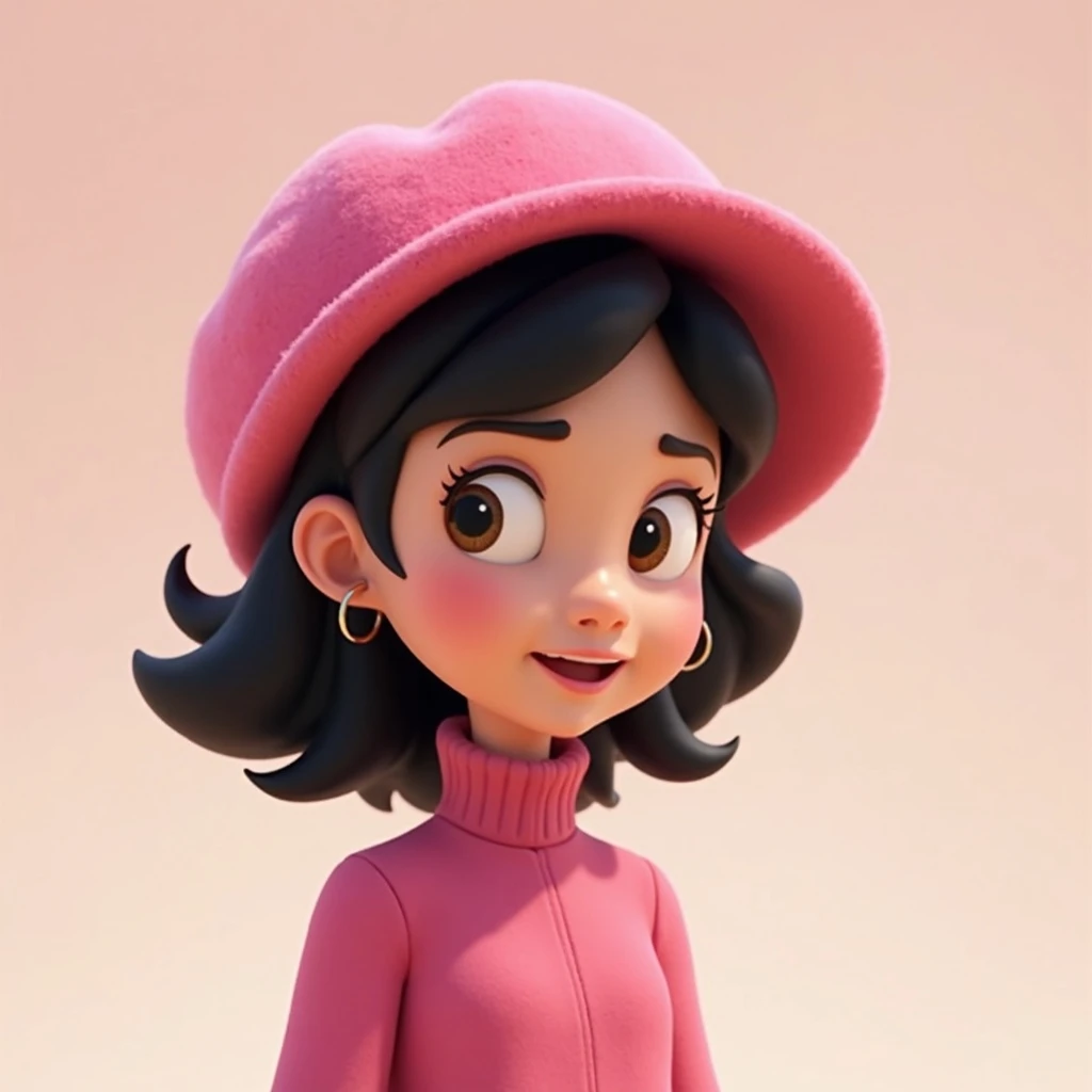 3D Disney style character of a girl with a pink hat, black hair, and a side glance, referencing the provided image emoji