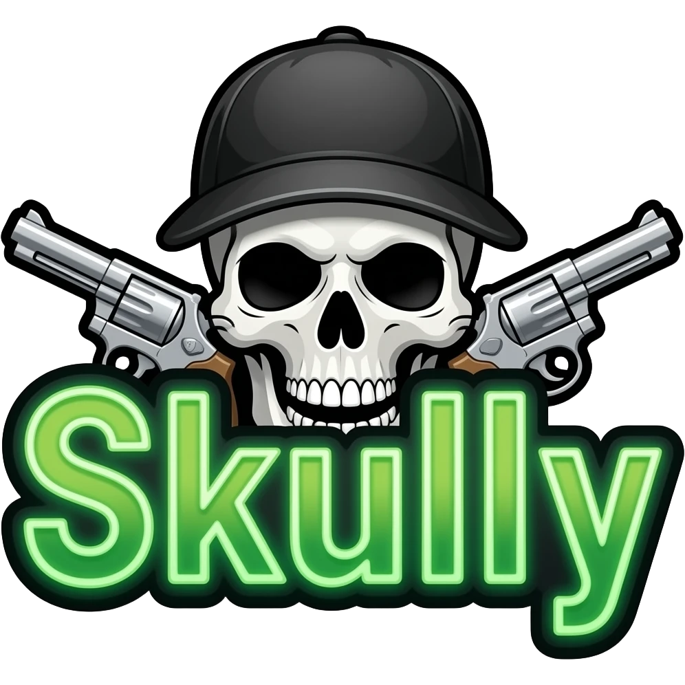 Create me a neon sign that says "Skully" in green with a skull and cross pistols behind it, (the skull and pistols are neon white, grey, and assorted colors) the skull also has black shades and a baseball cap thats black emoji