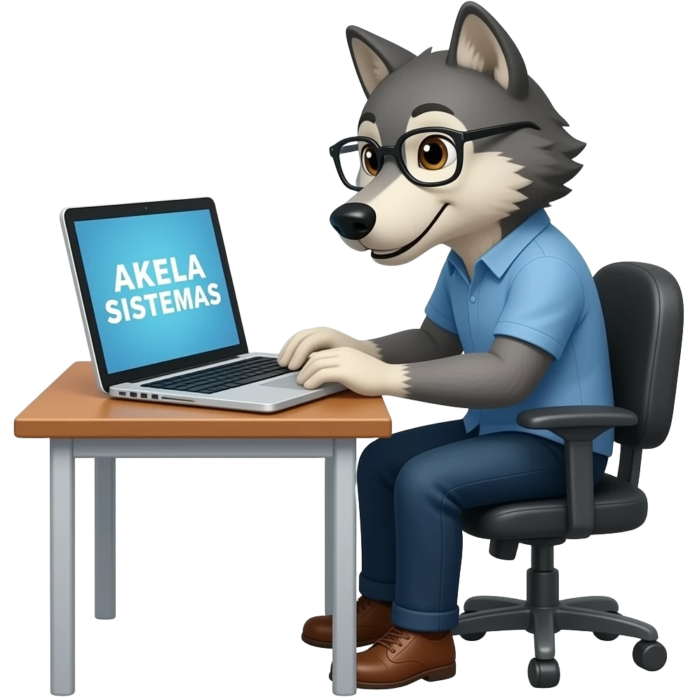 Crear un lobo trabajando en una computadora. en la computadora de la pantalla dice AKELA SISTEMAS emoji