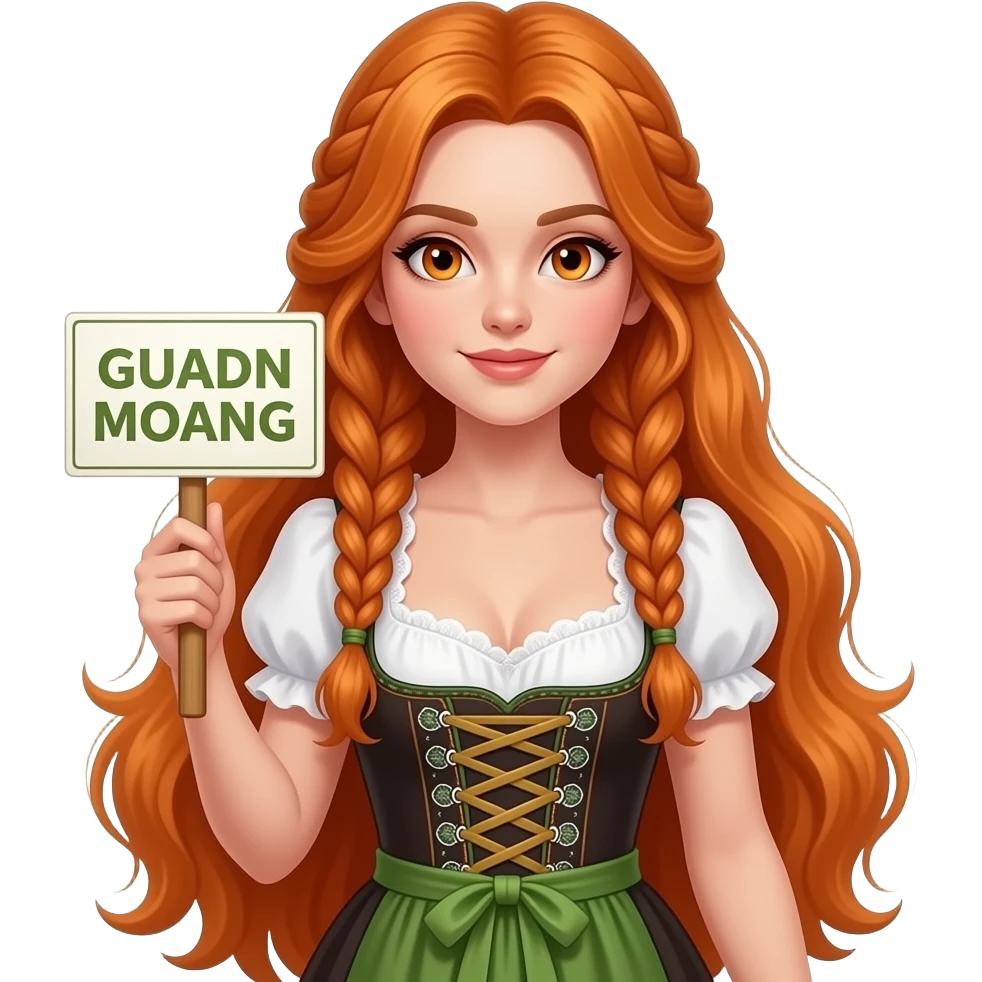sexy girl with overlong ginger hair in braids and ginger eyes wearing a dirndl holding a GUADN MOANG sign emoji