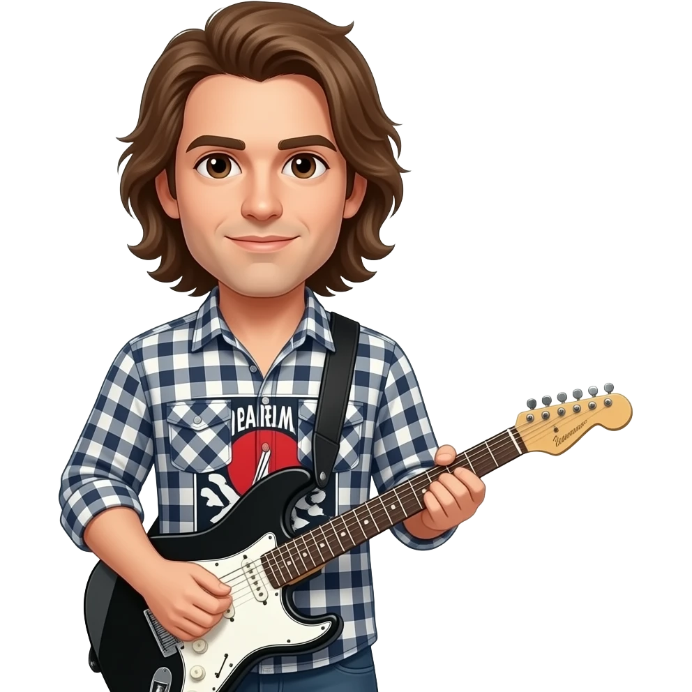 man with long brown hair, electro guitar, checkered shirt logo "pearl jam" on shirt emoji