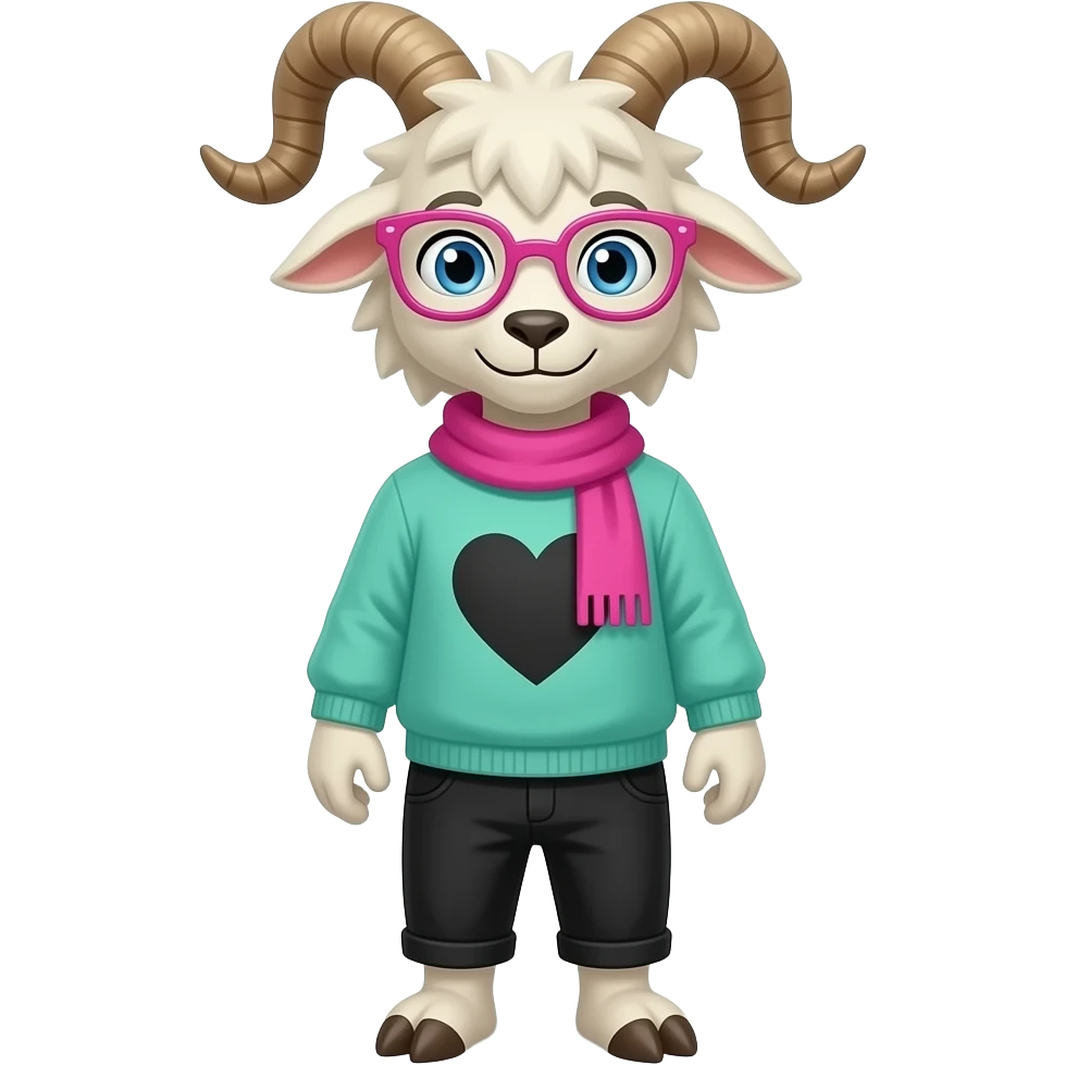 Raslei from the video game deltarune basically a goat standing on two legs wearing a turquoise green like sweater with a black heart in the middle and black sleeves wearing pink glasses and pink scarf emoji