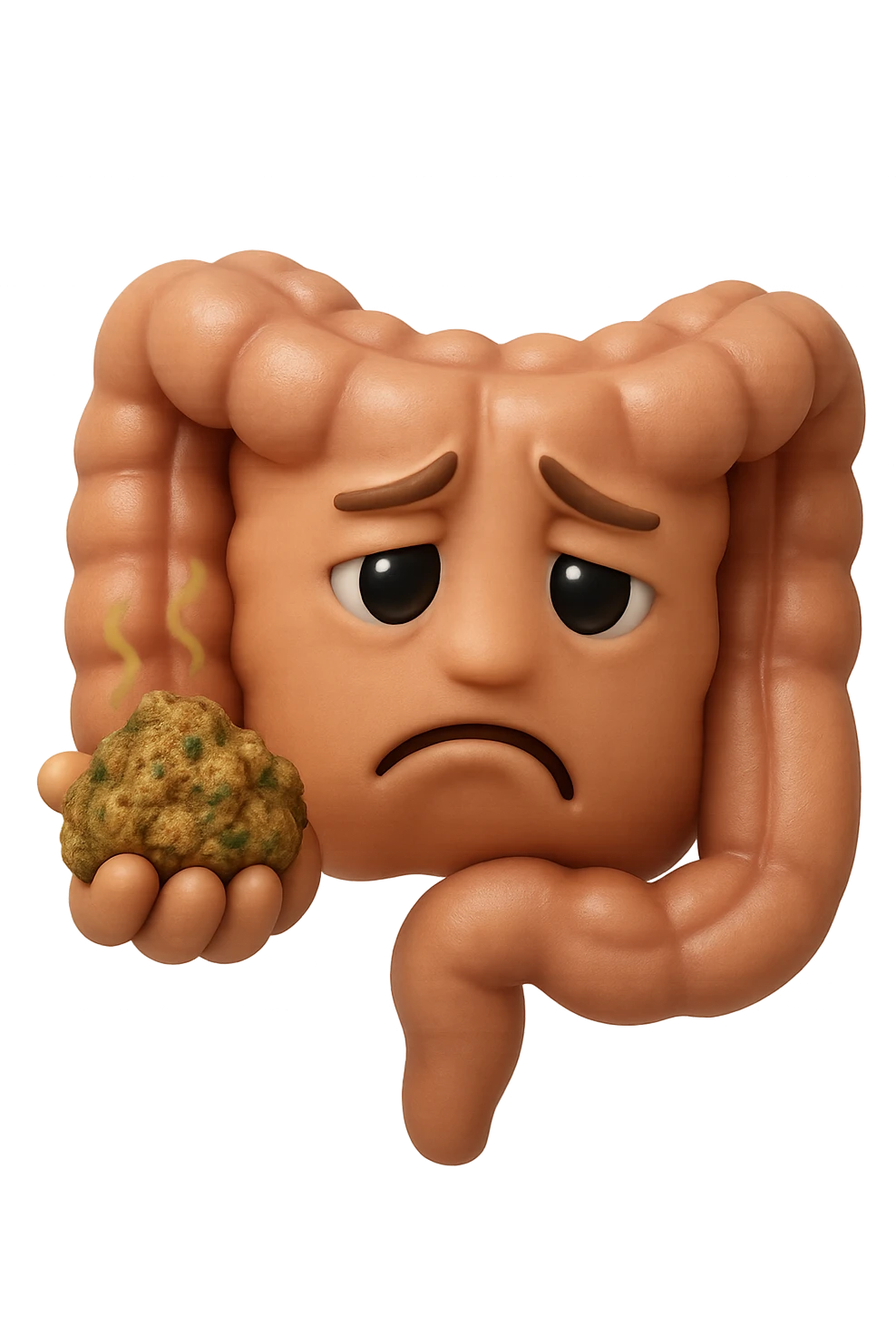 EMOJI STILE IPHONE 3D DI un intestino con espressione triste mentre tiene in mano delle fibre fermentate a poltiglia, FALLO MOLTO REALISTICO IN 3D emoji