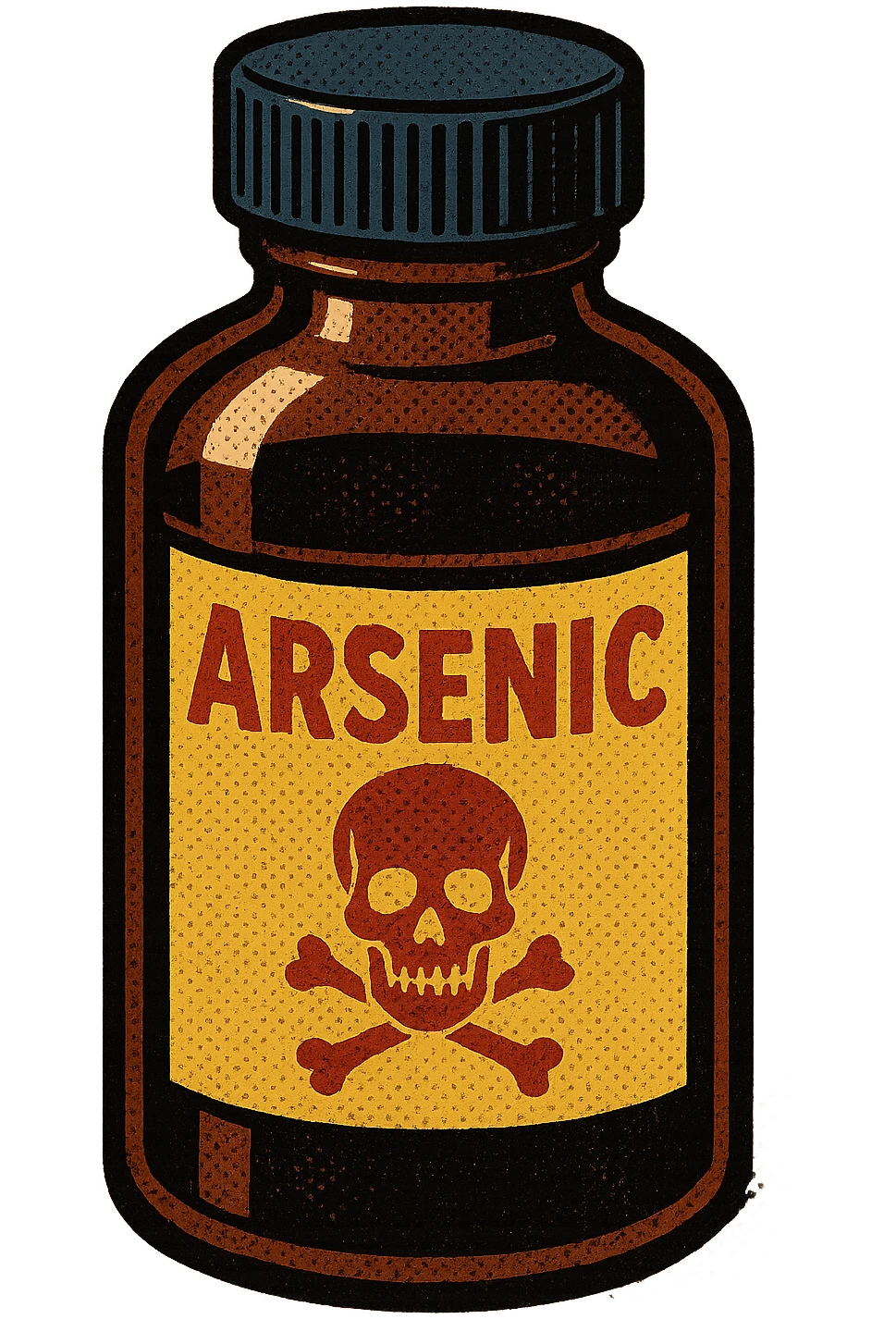 A closed medicine bottle with the word arsenic written on the bottle with a poison symbol emoji