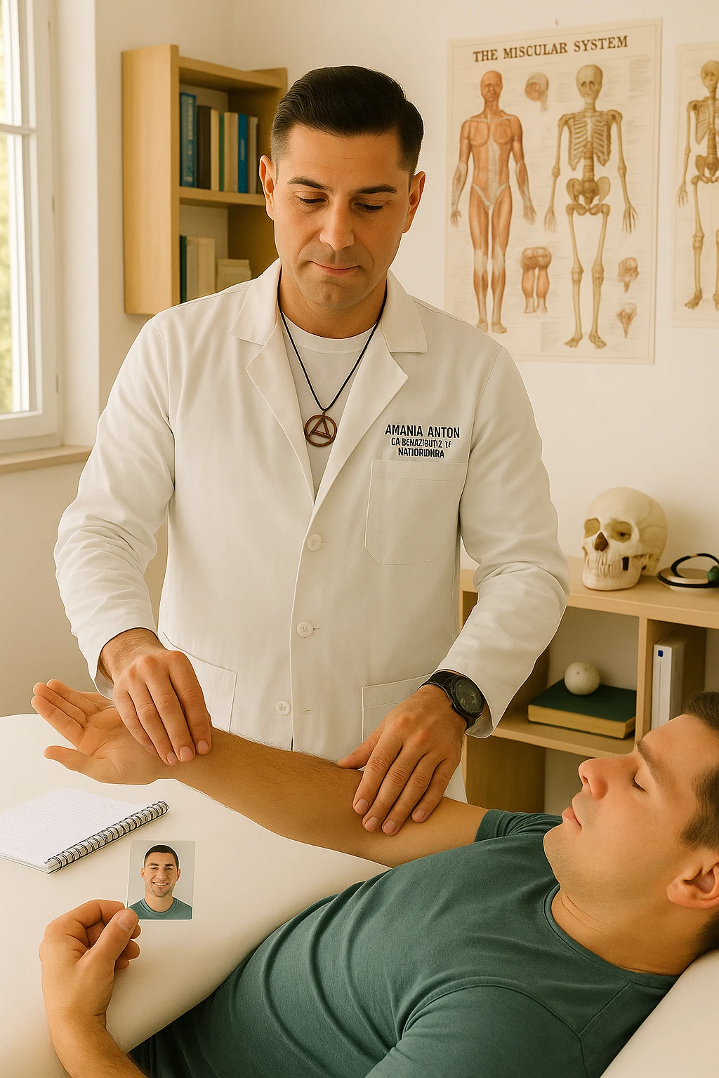 a middle-aged man, dressed in casual professional attire, is in a bright, organized therapy studio. Durante una visita di kinesiologia, il praticante tiene con una mano la foto di una persona lontana (il “testimone”) appoggiata su un tavolo, mentre con l’altra mano esegue un test muscolare su un cliente presente. Sullo sfondo si vedono libri di kinesiologia, poster anatomici e strumenti tipici della disciplina. L’atmosfera è concentrata e serena, con luce naturale che entra dalla finestra, sottolineando l’aspetto alternativo e umano della pratica. emoji