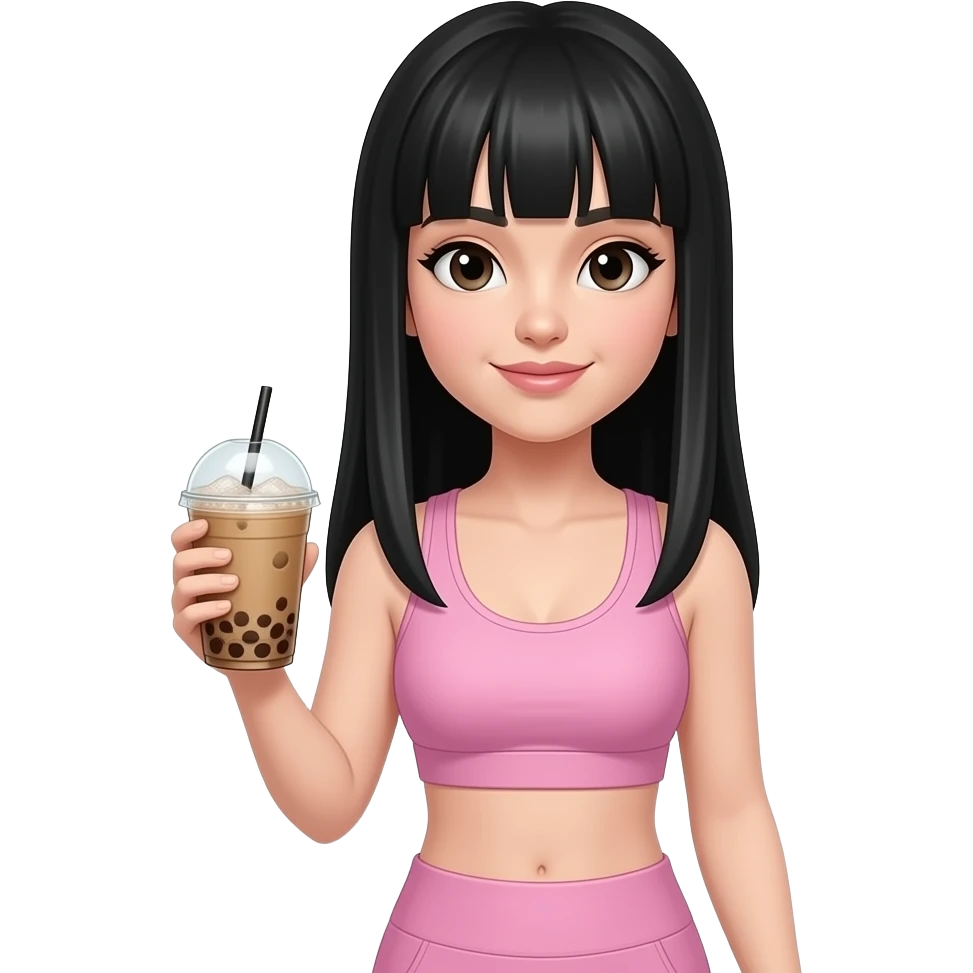 Long straight black hair, bangs, white skin, ice coffe in hand, light pink workout clothes emoji
