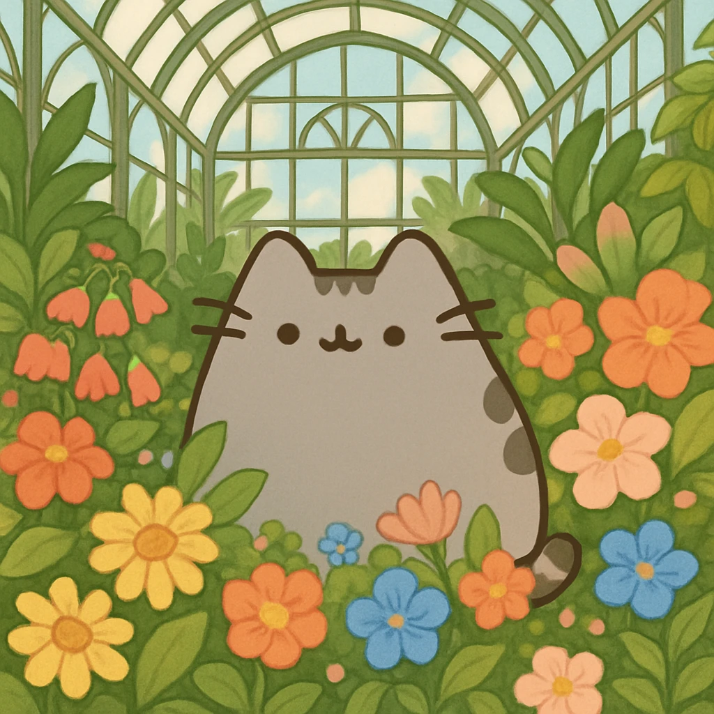 pusheen cat surrounded by flowers in a botanical garden greenhouse emoji