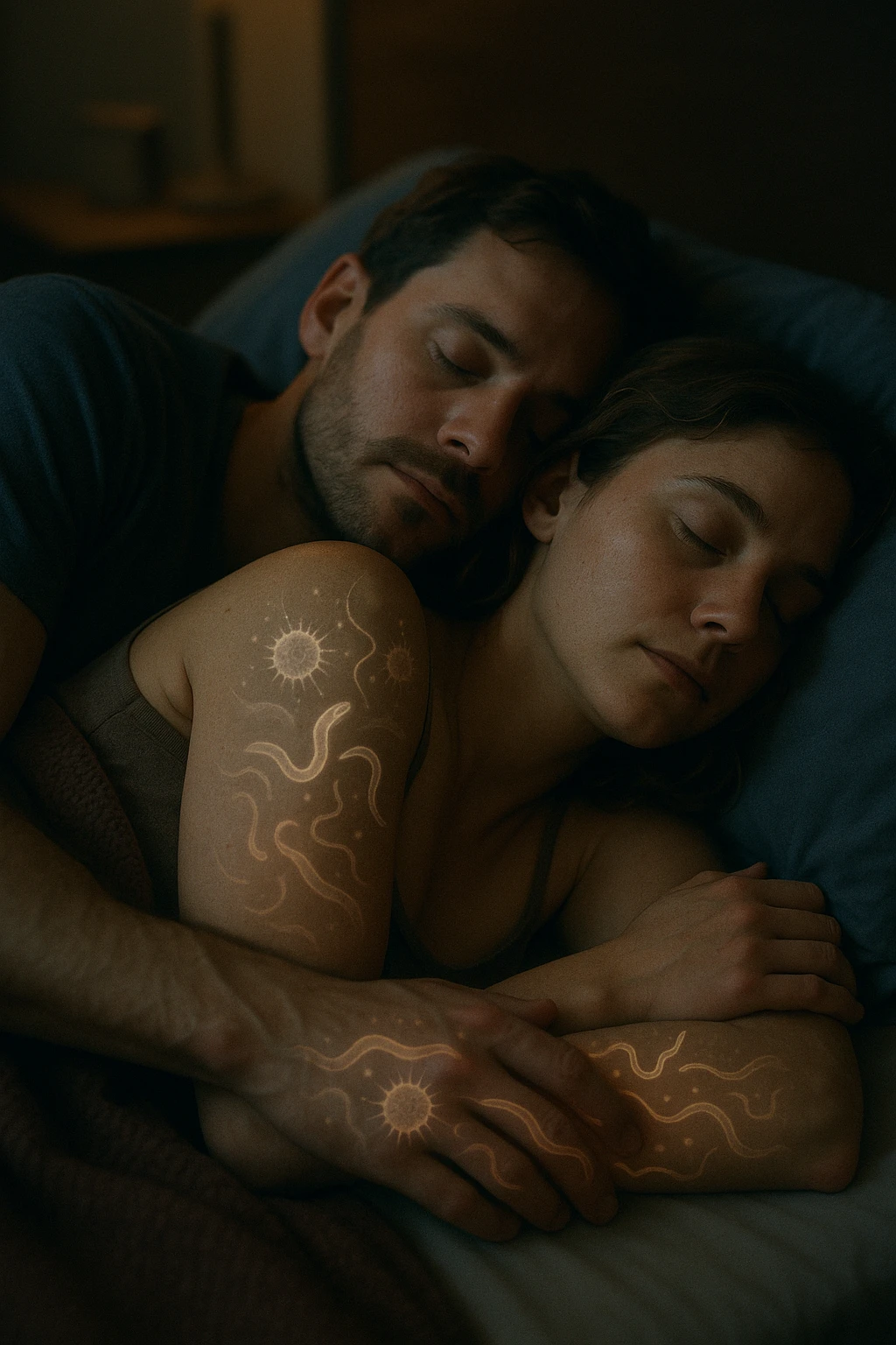 A hyper-realistic, cinematic image of a man and a woman sleeping together in the same bed under soft, dim night lighting, with their bodies close and touching. Their skin appears slightly illuminated where it touches, and under a subtle x-ray style overlay, faint ghostly silhouettes of microscopic parasites and worm-like organisms are visible crawling transdermally between their bodies, symbolizing silent, unnoticed parasite transmission during sleep. The environment is a cozy bedroom with warm tones, but the presence of the glowing parasites creates a slightly unsettling feeling, emphasizing the hidden danger. Their faces are calm, unaware, symbolizing the unconscious nature of the transmission. The image is detailed with a 35mm film hyperrealistic aesthetic, focusing sharply on the point of contact between their skin where the parasites pass, while the background remains softly blurred. The color palette uses muted warm browns and soft moonlight blues to maintain a nighttime, intimate feeling, contrasting with the translucent, glowing parasites to illustrate the hidden risk of transdermal parasite transmission while sharing a bed emoji