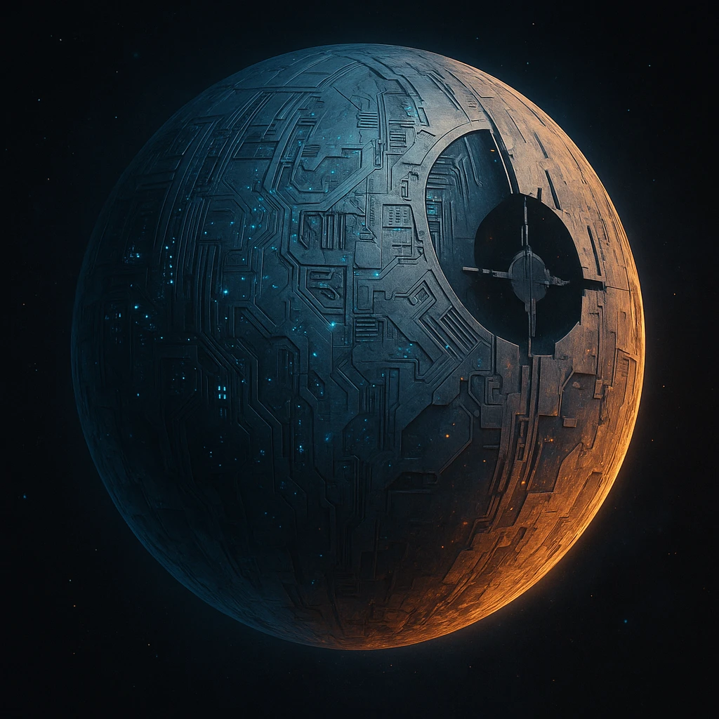 stylized moon inspired by Star Wars, featuring sci-fi details and a hint of a space station silhouette, cinematic and detailed emoji