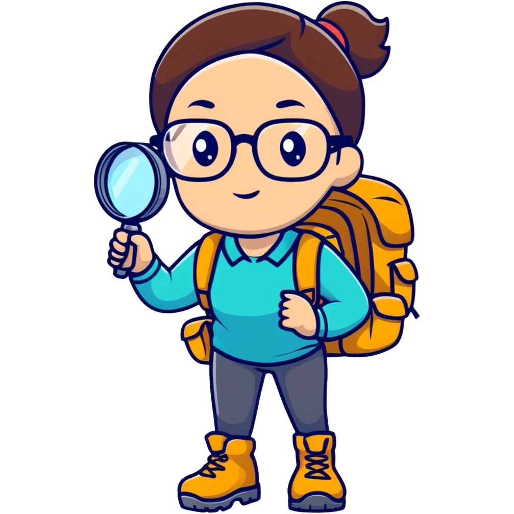 Woman in her late 30s with glasses wearing sporty outfit, hiking boots, and backpack, holding a magnifying glass and looking curious emoji