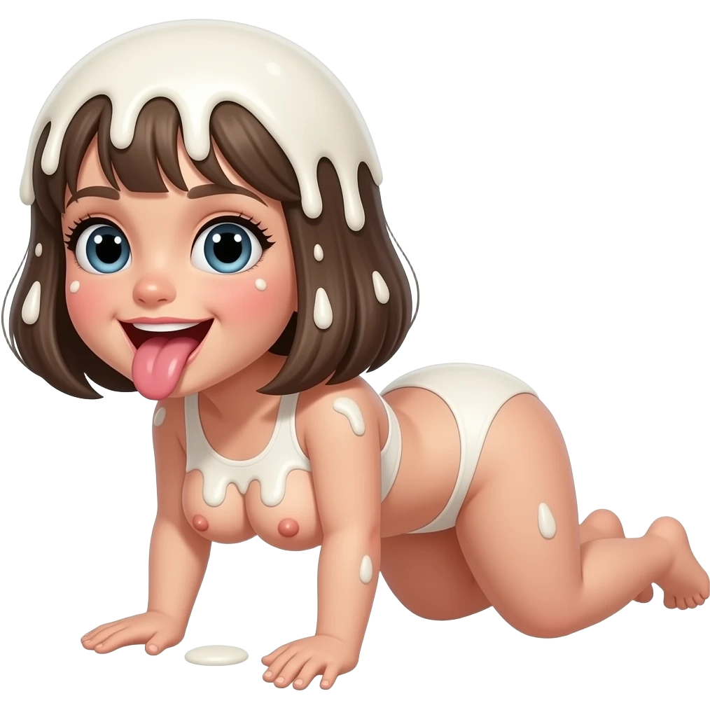 Girl. Baked. Tots and nipples exposed. On all fours. Mouth open. Tongue out. Hair covered in milk. Face covered in milk. emoji