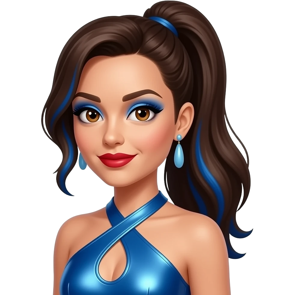Melanie C from Spice Girls with hazel eyes, long dark brown high ponytail hair with indigo highlights, blue eyeshadow, red lipstick, blue metallic halter dress, light blue earrings emoji