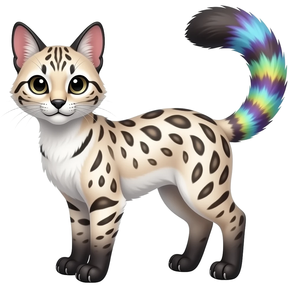 White soft silky smooth vernid-Civet-Genet-Bobcat-Caracal-Serval-animal-hybrid-mix fantasy creature LiLaiRa Kamirah Falvie whiskers paws full body with colorful gradient iridescent patterns fur markings and with a long thin tufted tail feline emoji