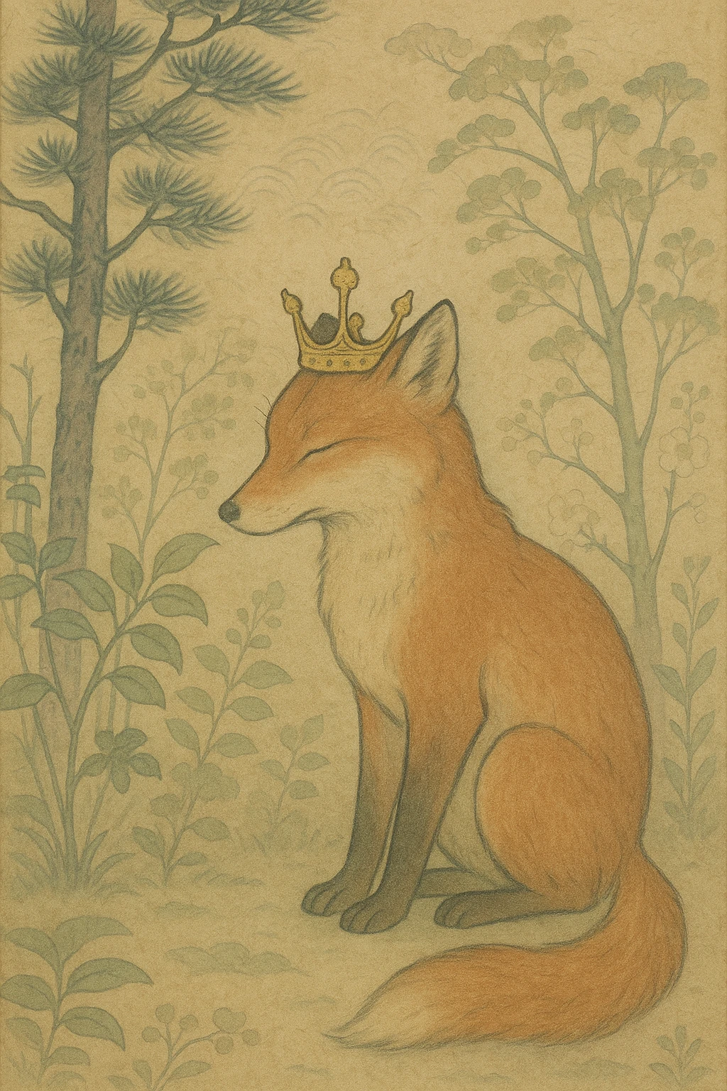 red fox in a forest wearing a crown, Japanese art style, elegant and detailed, natural colors, serene atmosphere emoji