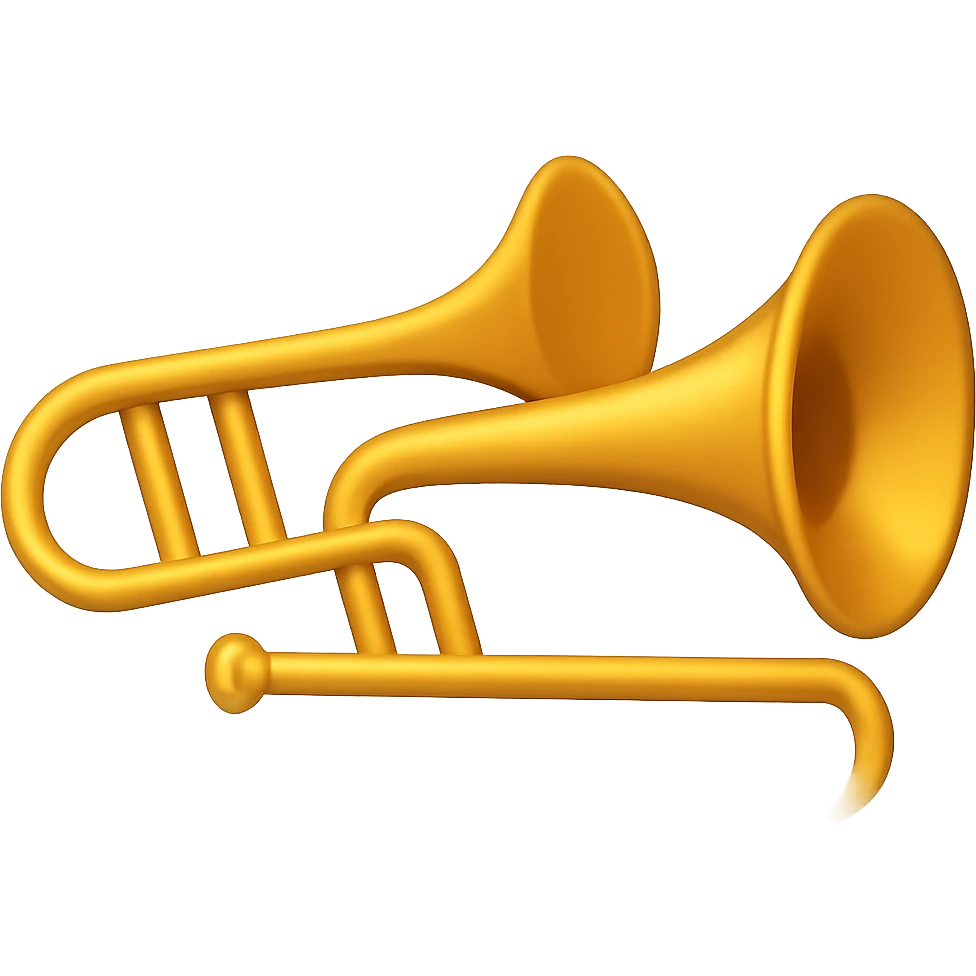 Create an image of a trombone in the style of Apple emojis, but from the same side angle perspective as the hand drawn black outline trombone. The background should be minimal and clean, matching the Apple emoji style's simplicity and clarity. emoji